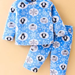 Kanvin Supersoft Extra Warm Velour Full Sleeves Winter Night Suit With Penguin Print - Blue-image-58