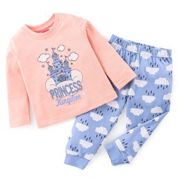 Babyhug Single Jersey Knit Full Sleeves Night Suit Text Printed - Blue & Pink-image-88