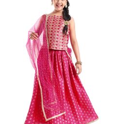 Pine Kids Woven Sleeveless Sequenced Choli & Dupatta With Foil Printed Lehenga Set- Dark Pink-image-34