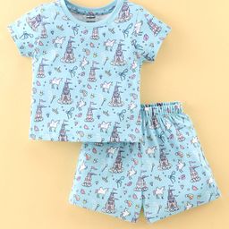 Cucumber Cotton Sinker Knit Half Sleeves Night Suit Unicorn Print - Surf Blue-picture-18