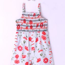 Babyhug Rayon Sleeveless Jumpsuit with Smocking Detailing Floral Print - Multicolour-image-40