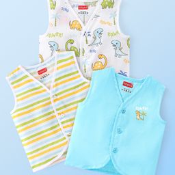 Babyhug 100% Cotton Knit Sleeveless Jhablas Striped & Dino Print Pack of 3 - Blue & White-image-79