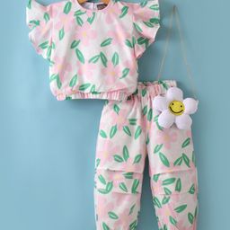Little Kangaroos Textile Woven Flutter Sleeves Top & Lounge Pant with Sling Floral Print - Pink-image-66