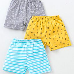 OHMS Single Jersey Knit Above Knee Length Striped & Dino Printed Shorts Pack of 3 - Yellow Grey & Light Blue-image-27