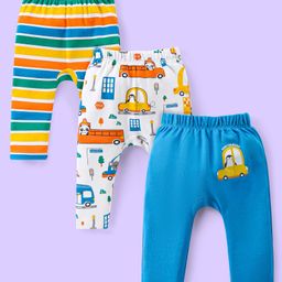 Babyhug Interlock Knit Full Length Diaper Leggings Vehicle & AnimalsPrint Pack of 3 - Blue & White-image-39