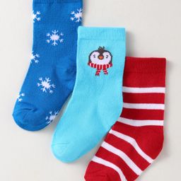 Cute Walk by Babyhug Knit Ankle Length Socks With Penguin & Snowflake Design Pack of 3 - Blue & Red-image-77