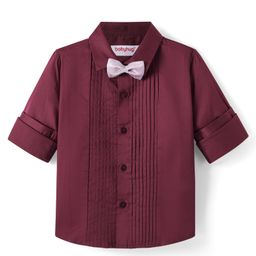 Babyhug Cotton Woven Full Sleeves Solid Pintuck Shirt with Bow - Maroon-image-2
