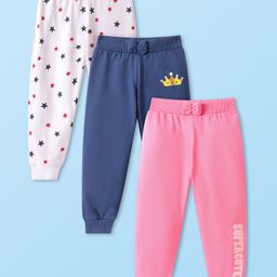 Babyhug Single Jersey Knit Full Length Stars & Text Printed Lounge Pants with Bow Applique Pack of 3 - White Navy Blue & Pink-image-80