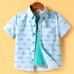 Rikidoos Half Sleeves Fish Printed Shirt With Attached Tee - White & Sea Green-image-12