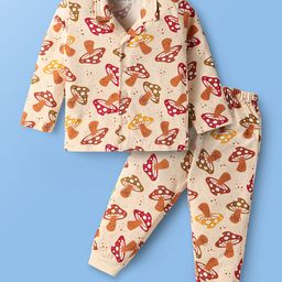 Babyoye 100% Cotton Knit Full Sleeves Night Suit With Mushroom Print - Cream-image-94