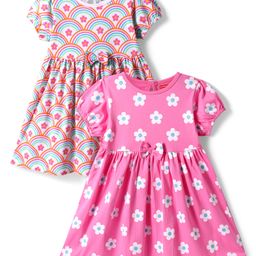 Babyhug Cotton Woven Half Puffed Sleeves Floral & Rainbow Printed Frocks with Headbands & Bow Applique Pack of 2 - Dark Pink & White-image-18