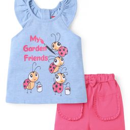 Babyhug Single Jersey Knit Frill Sleeves Halter Neck Top & Shorts Set with Ladybird Print - Light Blue & Dark Pink-image-63