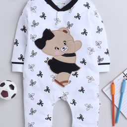 BUMZEE Cotton Knit Full Sleeves Bow Printed Front Open Romper with Bear Patch & Bow Applique - White-picture-32