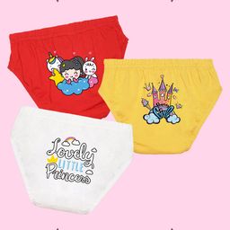 NUSYL Cotton Pack Of 3 Cute Girl & Castle Printed Panties - Red & Yellow & White-image-3