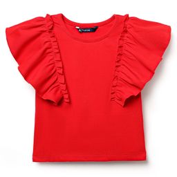 Pine Kids Cotton Knit Half Sleeves Top with Frill Detailing - Red-image-68