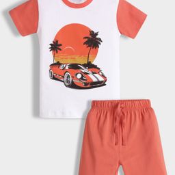Orange Sugar 100% Cotton Knit Half Sleeves Car Printed Night Suit Set - White-image-90