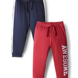 Babyhug Cotton Knit Full Length Text Printed Lounge Pants Pack Of 2 - Red & Navy Blue-image-102