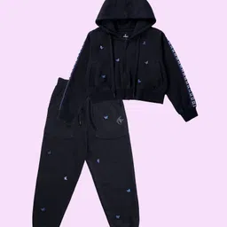 Kiddopanti Fleece Knit Full Sleeves Butterfly Applique Detailed Hooded Crop Sweatshirt With Joggers Set - Black-picture-49