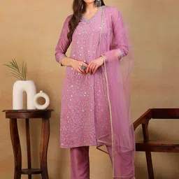 AHIKA Women Ethnic Motifs Embroidered Regular Sequinned Kurta with Trousers & Dupatta-picture-4