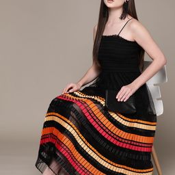 Label Ritu Kumar Print Smocked Accordion Pleated Net Fit & Flare Maxi Dress-image-45