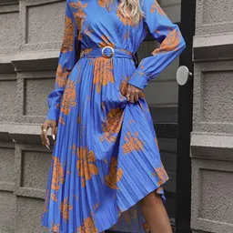KPOP Women Floral Print Cuffed Sleeves Accordion Pleats Fit and Flare Midi Dress-image-43
