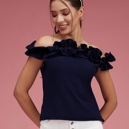 DressBerry Off Shoulder Sleeveless Solid Ruffled Frilled Gathered Bardot Top-image-31