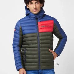 Spykar Olive Green Color Blocked Puffer Jacket With Embroidered Sleeve Badge-image-42