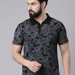 Kryptic Black & Grey Regular Fit Printed Cotton Polo T-Shirt-35
