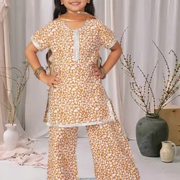 Cutiekins Girls Floral Printed Gotta Patti Straight Kurta With Palazzos & Dupatta-picture-24