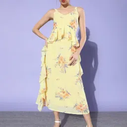 DODO & MOA Yellow Printed A-Line Dress-image-100