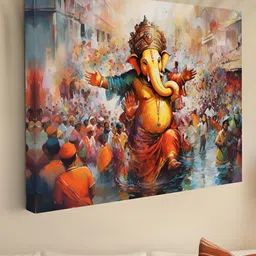 Aura Yellow & Orange Colored Lord Ganesh Printed Canvas Wall Art-image-11