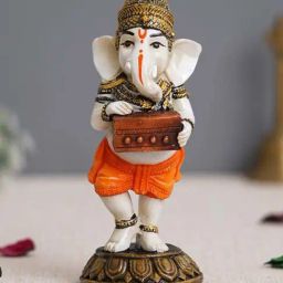 eCraftIndia White & Orange Resin Lord Ganesha Idol Playing Harmonium Showpiece-21