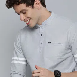 The Indian Garage Co Men Grey Solid Pure Cotton Kurta with stripe detail-picture-43