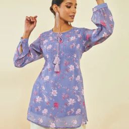 Soch Purple Georgette Floral Print A-Line Tunic with Pintucks-image-83