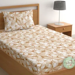 CG HOMES Brown & White Floral 180 TC Cotton Single Bedsheet with 1 Pillow Covers-picture-13