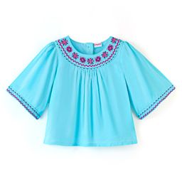 Babyhug Three Fourth Sleeves 100% Cotton Top with Abstract Embroidery - Sky Blue-image-50