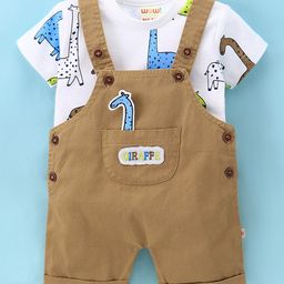 WOW Clothes Interlock Cotton Dungarees & Half Sleeves T-Shirt Giraffe Embroidery - Khaki & White-image-46
