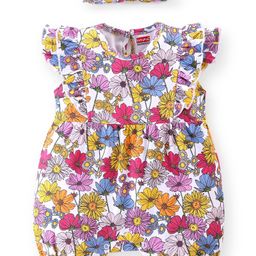 Babyhug 100% Cotton Knit Cap Sleeves Romper With Hairband Floral Print - Pink & Purple-image-41