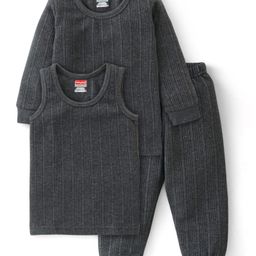 Babyhug Full Sleeves Solid Textured Thermal Vest Sando & Pajama Set - Dark Grey-image-90