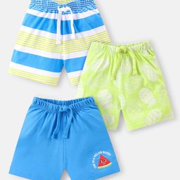 Babyhug Cotton Single Jersey Knit Shorts Stripes & Pineapple Print Pack Of 3 - Blue & Green-image-73