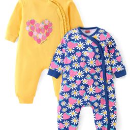 Babyhug 100% Interlock Cotton Knit Full Sleeves Rompers With Strawberries & Floral Print Pack of 2 - Yellow & Blue-image-96