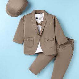 Robo Fry Lycra Knit Full Sleeves Solid Colour BlazerT-Shirt & Trouser Setwith Attached Bow - Tan-image-131