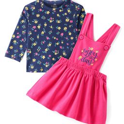 Doodle Poodle Cotton Knit Frock with Floral Printed Full Sleeves Inner Tee - Navy Blue & Pink-image-72