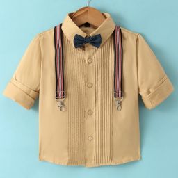 Robo Fry Cotton Woven Full Sleeves Solid Colour Party Shirt with Bow & Suspender - Beige-picture-28