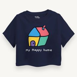 Guugly Wuugly Pure Cotton Half Sleeves Skin Friendly My Happy Home Text Printed Tee - Navy Blue-image-32