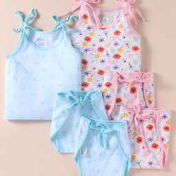 OHMS Single Jersey Knit Singlet Sleeves Slips & Nappies Set with Floral & Heart Print Pack of 2 - Pink & Blue-image-56
