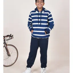 Kiddopanti Fleece Full Sleeves Striped Hooded Sweatshirt With Joggers Set - Navy Blue-picture-49