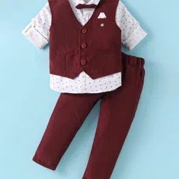 JASH KIDS Cotton Woven Full Sleeves 3 Piece Party Suit with Bow - Maroon-picture-29