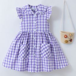 Mark & Mia Half Cap Sleeves Checkered Peter Pan Collared Front Open Frock with Handbag - Purple-image-67