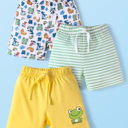 Babyhug Cotton Knit Mid Thigh Length Shorts with Stripes & Frog Print Pack of 3 - White & Yellow-image-21